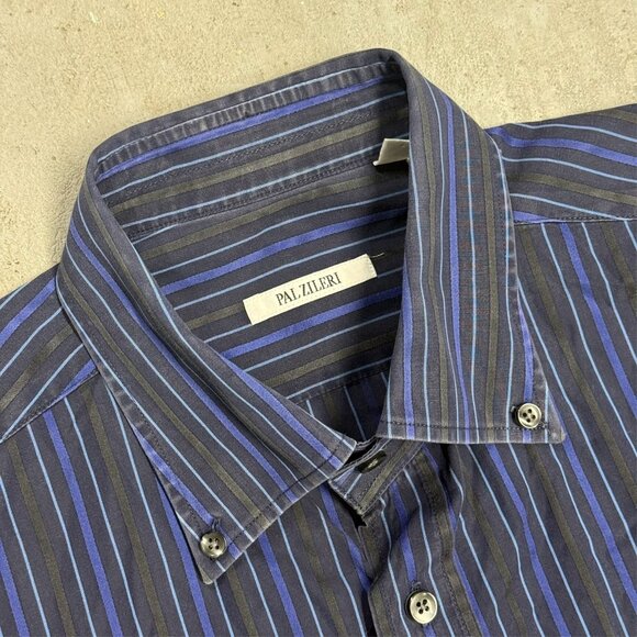 Pal Zileri Dress Shirt Button Down Striped Cotton Long Sleeve Blue 16.5 Large - Picture 6 of 10